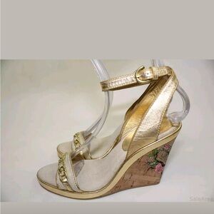 Coach Ellete Strappy Gold Cork Tattoo Wedge Sandals - Sz 7/8